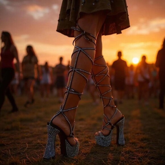 Blue Rhinestone Rave Heels – Poster Grl Knee-High Lace-Up Platforms 6" Heel 8 - Picture 4 of 5